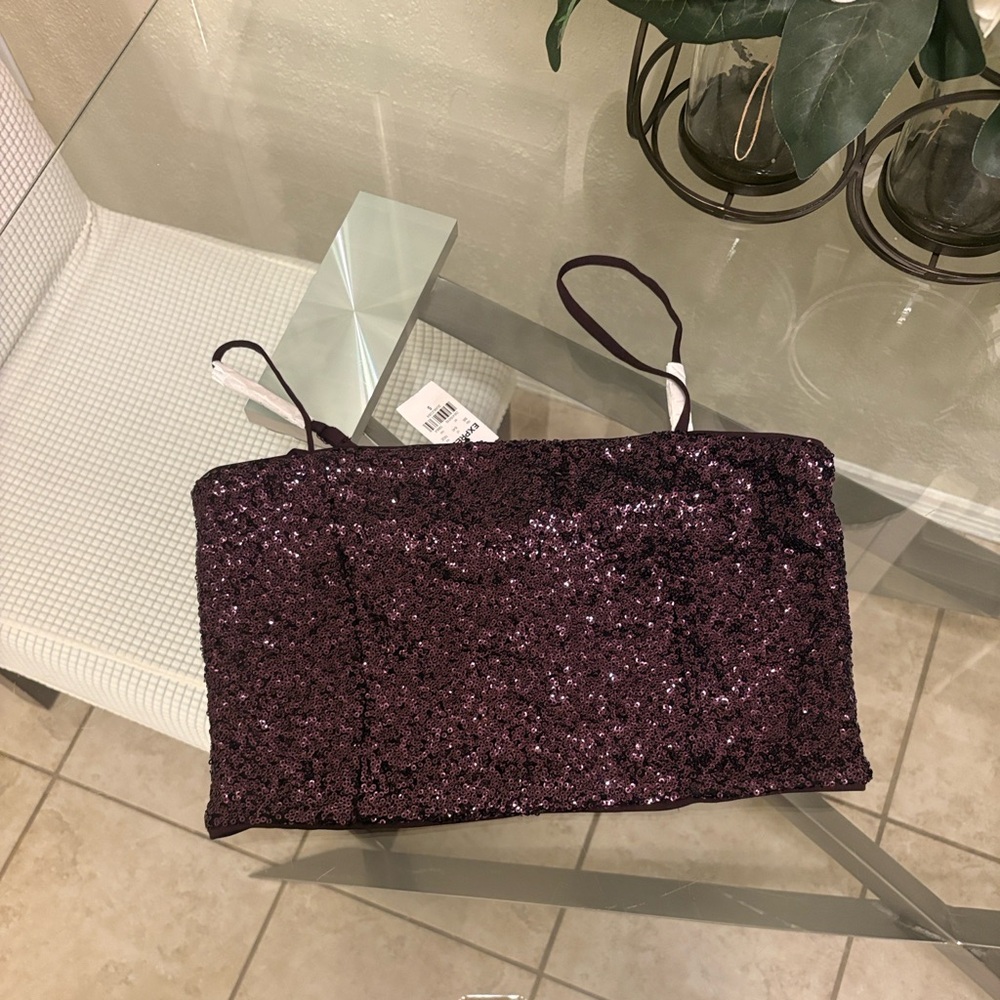 Express Elegant Purple Sequin crop top Sz Small